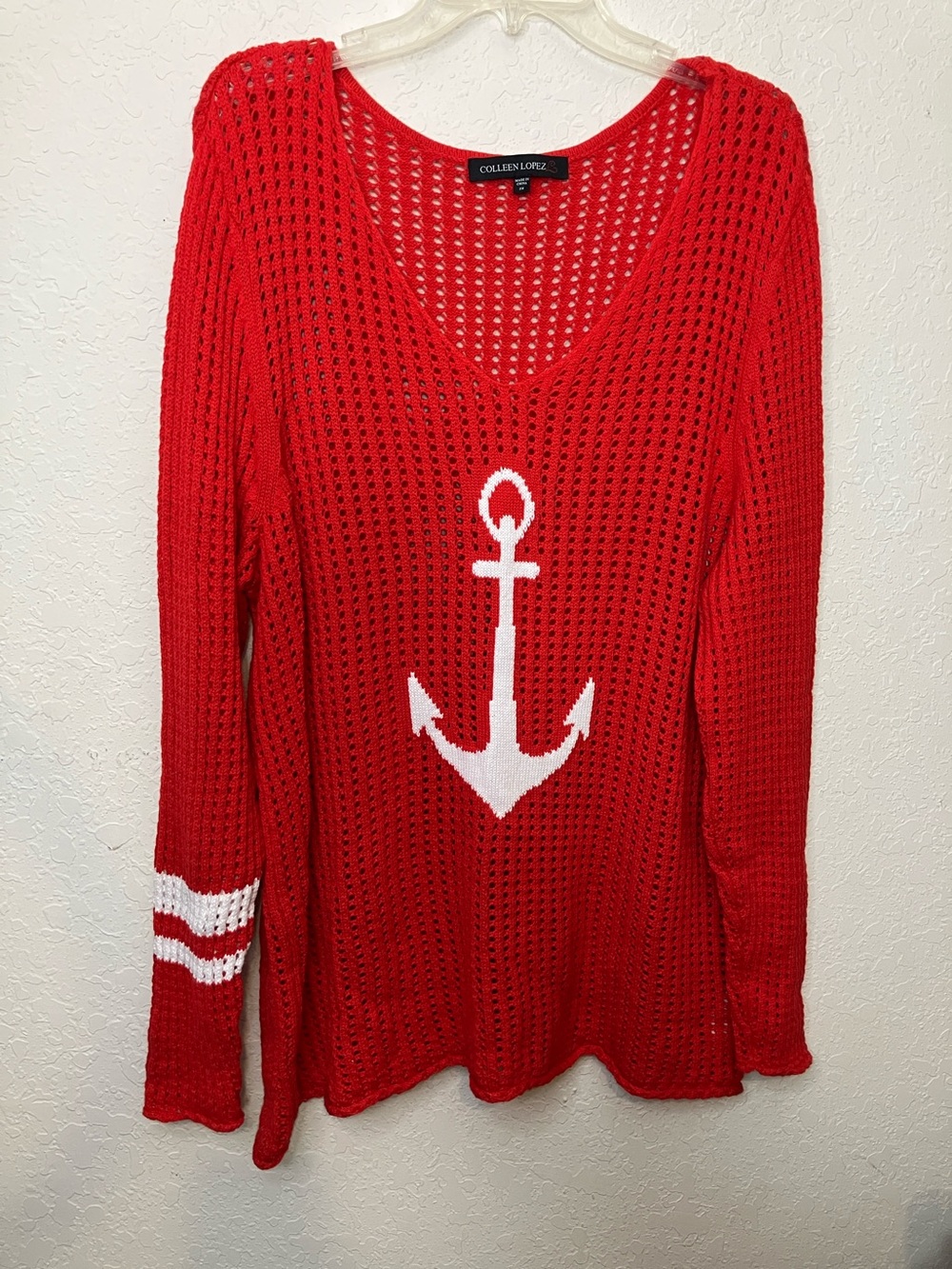 Colleen Lopez Red Open-Knit Sweater with White Anchor